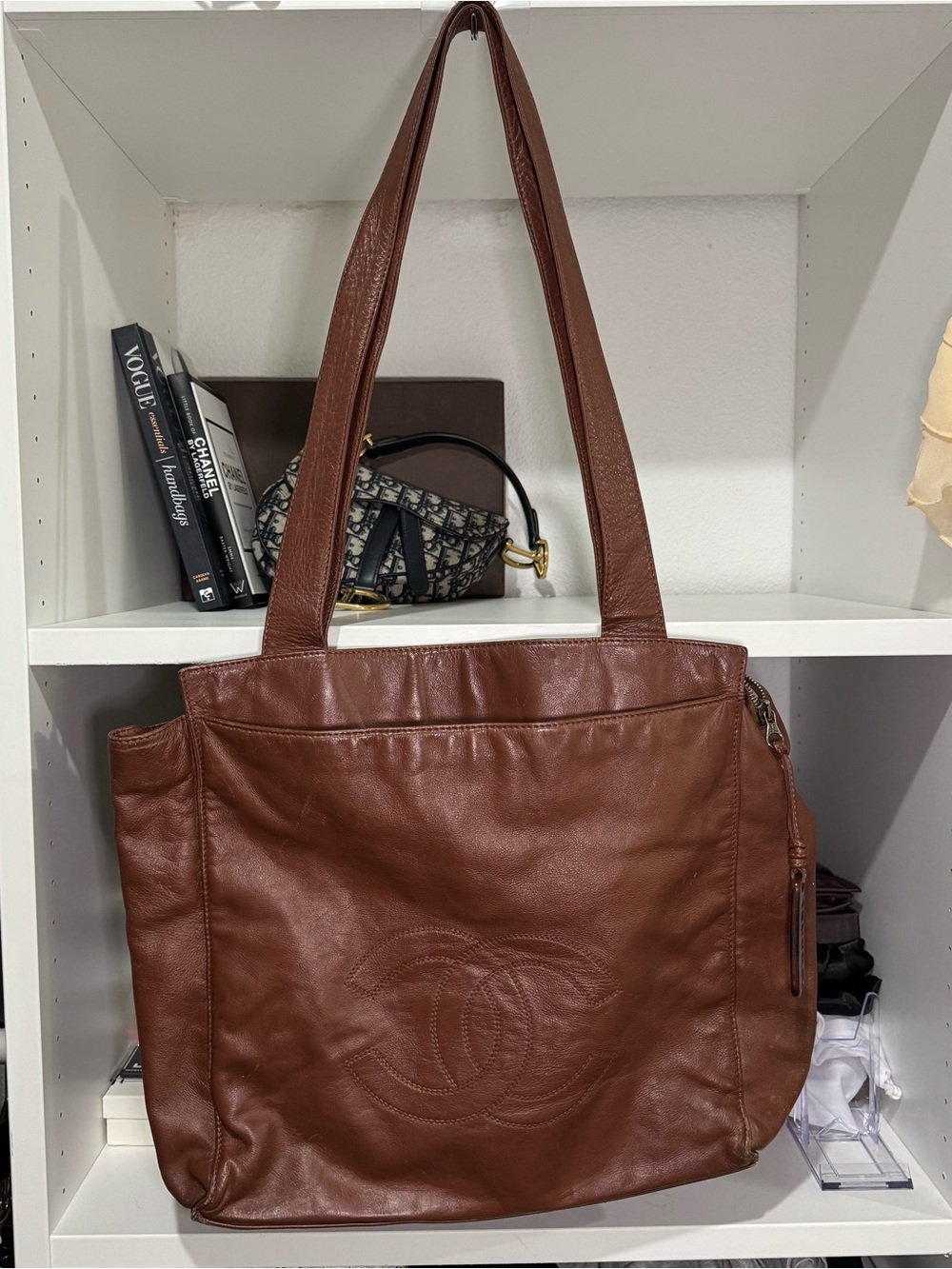 CHANEL Brown Leather Logo Tote Bag